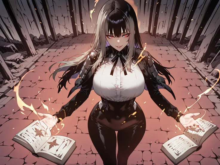 Ball of Light、雷magic、taken from above、caveの中、Ruins、black suit、black longsuit、 black long jacket、ゴスロリなshirt、Depressed、Tall Woman、A woman in her thirties、 Alassah's woman、Steins;Gate、 black longsuit 、score_9, score_8_up, score_7_up, Source_anime,masterpiece、...