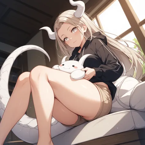 1girls with fine sunlight、Ajin、Fantasy、long white hair growing below the knee、white eyes、No expression、Mysterious Atmosphere、long white horns growing from the forehead、Growing from the waist、long white horns growing to draw curves from the forehead {x} tai...