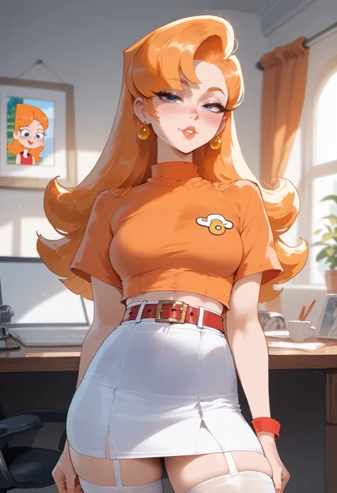 Candace Flynn, long hair, orange hair , across the width , seductive look, blushed, [At home, Orange blouse, white skirt, tall white stockings , red belt. Raise your skirt a little with your hands Toon style