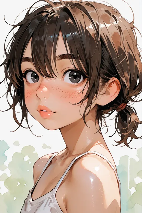 1girl,Super Detailed,absolute resolution,(dynamic angles),(tanned skin:0.3),(portrait),(pinup),(close-up),from side, Beside viewer,
white Spaghetti Strap Camisole,
detailed and beautiful face and eyes,black eyes,big eyes,(Freckles:0.8),((Thick eyebrows)),...