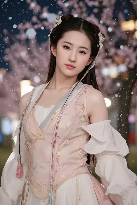 A woman dressed in an elegant fantasy-inspired gown stands amidst a serene outdoor setting. Her attire, a flowing ensemble of soft white and pink, features intricate golden embroidery and delicate tassels in hues of pink and blue. The gown is carefully dra...