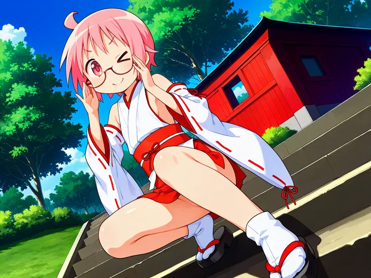 nonohara yuzuko, pink hair, short hair,(ahoge), pink eyes,bangs,((anime style)),score_9, score_8_up, score_7_up, source_anime,solo,1girl, ((miko)),  ((((mini slit red skirt)))),black okobo,tabi,((Obi)) ,((Obi knot)), (flat chest) , ((side boob)) , (No pant...