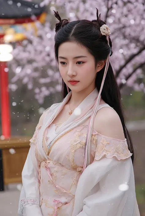 A woman dressed in an elegant fantasy-inspired gown stands amidst a serene outdoor setting. Her attire, a flowing ensemble of soft white and pink, features intricate golden embroidery and delicate tassels in hues of pink and blue. The gown is carefully dra...