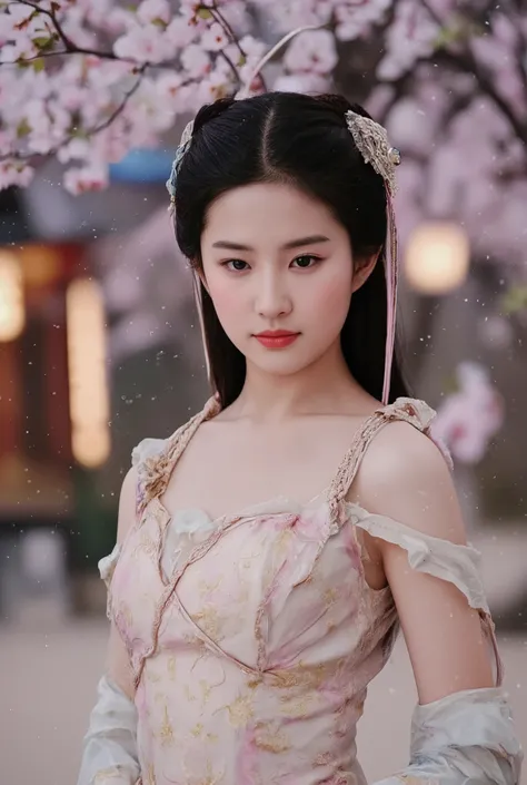 A woman dressed in an elegant fantasy-inspired gown stands amidst a serene outdoor setting. Her attire, a flowing ensemble of soft white and pink, features intricate golden embroidery and delicate tassels in hues of pink and blue. The gown is carefully dra...