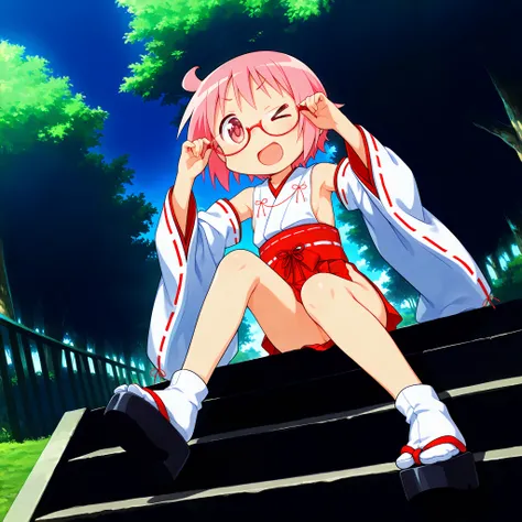 nonohara yuzuko, pink hair, short hair,(ahoge), pink eyes,bangs,((anime style)),score_9, score_8_up, score_7_up, source_anime,solo,1girl, ((miko)),  ((((mini slit red skirt)))),black okobo,tabi,((Obi)) ,((Obi knot)), (flat chest) , ((side boob)) , (No pant...