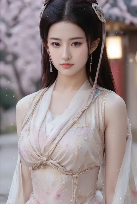 A woman dressed in an elegant fantasy-inspired gown stands amidst a serene outdoor setting. Her attire, a flowing ensemble of soft white and pink, features intricate golden embroidery and delicate tassels in hues of pink and blue. The gown is carefully dra...