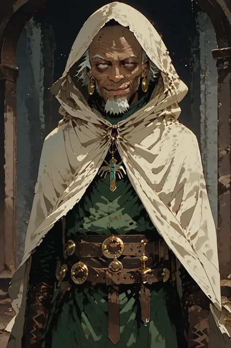 Solo; 1 man, mature man, half_aged man, African skin, wears a hooded cloak that drapes over a rugged tunic, giving off a medieval or fantasy vibe, straps and cartridge-belt wrap around the waist, securing bottles and injections . The chest area of the garm...