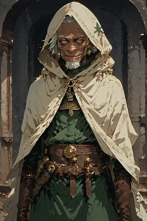 Solo; 1 man, mature man, half_aged man, African skin, wears a hooded cloak that drapes over a rugged tunic, giving off a medieval or fantasy vibe, straps and cartridge-belt wrap around the waist, securing bottles and injections . The chest area of the garm...