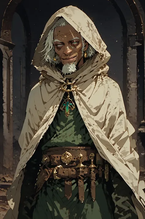 Solo; 1 man, mature man, half_aged man, African skin, wears a hooded cloak that drapes over a rugged tunic, giving off a medieval or fantasy vibe, straps and cartridge-belt wrap around the waist, securing bottles and injections . The chest area of the garm...