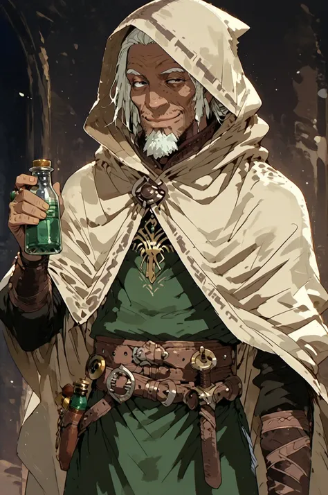 Solo; 1 man, mature man, half_aged man, African skin, wears a hooded cloak that drapes over a rugged tunic, giving off a medieval or fantasy vibe, straps and cartridge-belt wrap around the waist, securing bottles and injections . The chest area of the garm...