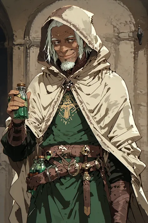 Solo; 1 man, mature man, half_aged man, African skin, wears a hooded cloak that drapes over a rugged tunic, giving off a medieval or fantasy vibe, straps and cartridge-belt wrap around the waist, securing bottles and injections . The chest area of the garm...