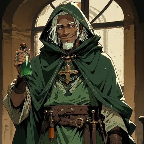 Solo; 1 man, mature man, half_aged man, African skin, wears a hooded cloak that drapes over a rugged tunic, giving off a medieval or fantasy vibe, straps and cartridge-belt wrap around the waist, securing bottles and injections . The chest area of the garm...