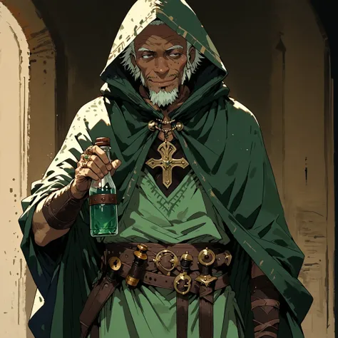 Solo; 1 man, mature man, half_aged man, African skin, wears a hooded cloak that drapes over a rugged tunic, giving off a medieval or fantasy vibe, straps and cartridge-belt wrap around the waist, securing bottles and injections . The chest area of the garm...
