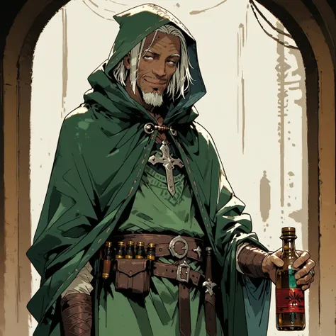 Solo; 1 man, mature man, half_aged man, African skin, wears a hooded cloak that drapes over a rugged tunic, giving off a medieval or fantasy vibe, straps and cartridge-belt wrap around the waist, securing bottles and injections . The chest area of the garm...