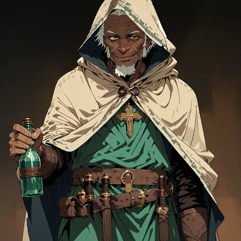 Solo; 1 man, mature man, half_aged man, African skin, wears a hooded cloak that drapes over a rugged tunic, giving off a medieval or fantasy vibe, straps and cartridge-belt wrap around the waist, securing bottles and injections . The chest area of the garm...