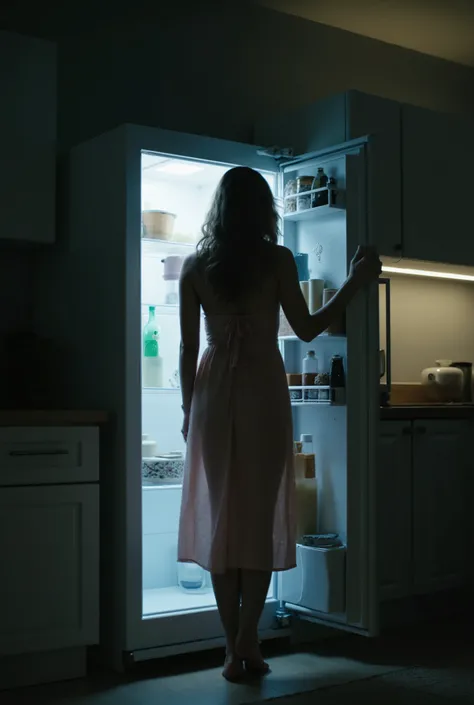 ((st4rl1ght)), in a translucent silk nightgown of a pastel shade, standing at an open refrigerator, soft cold lighting emphasizes a graceful silhouette, the home kitchen is immersed in nocturnal twilight, intimate atmosphere, photorealistic