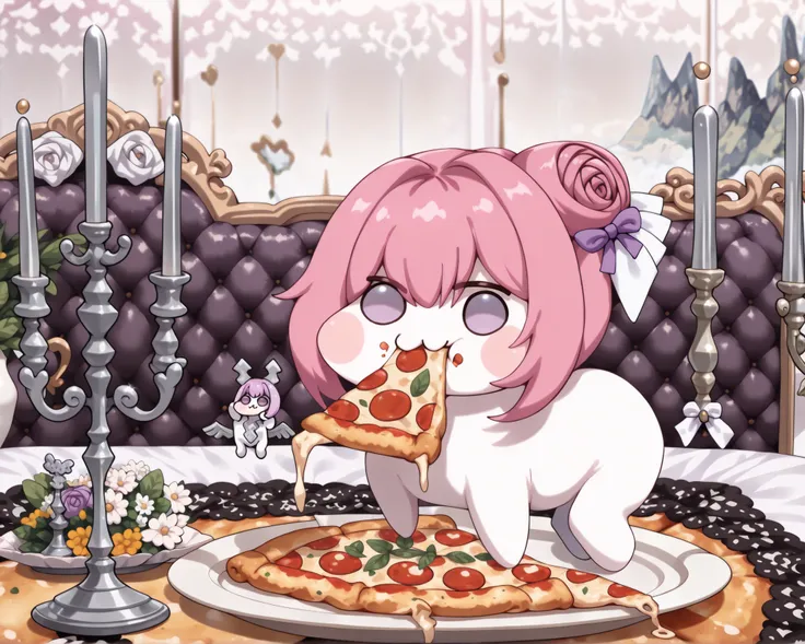 score_9, score_8_up, score_7_up, score_6_up, source_anime, (((absurdres))), (((128K Ultra High Resolution))), (masterpiece, best quality: 1. 5), (high definition: 1, 5), (((highres))), 8K wallpaper, (excellent graphics: 1. 5), CG, (best illustration, highly detailed artwork: 1. 5), (hyper realistic: 1. 5), ((cinematic)), dramatic lighting, (intricate detail, extreme detailed, super detailed, exquisite details: 1. 5), (beautiful & aesthetic: 1. 5), ((photoreal)), (((very gorgeous and dazzling))), (solo), (tiny Doro, very small Doro: 1. 5), Doro, creature, :3, ((chibi), (pink hair, purple eyes, hair bun, hair bow, four legs, white skin, solid circle eyes, no pupils), no humans, (a feeling of warmth), (Doro in fine dining restaurant: 1. 5), (baroque atmosphere, elegant dining room), (antique dining table with lace embroidery tablecloth), (high quality decoration: 1. 5), (((luxury tableware, silver cutlery, silver candlesticks))), ((a vase full of flowers has been set on a table, dinner table flower decoration)), vintage persian carpet, (mountain of food on plate, good looking banquet food, elaborate banquet: 1. 5), (((Doro eats delicious meal elegantly, eating large pizza))), (((Doro smiles happily))), (happy moments: 1. 5), (luxurious background, realistic background: 1. 5), from side, (((wide shot)))