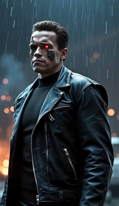 Ultra-realistic 8K cinematic portrait of the Terminator T-800 in Mortal Kombat style, waist-up view. He stands in a battle-ready pose, wearing a damaged black leather jacket with torn sleeves, revealing cybernetic endoskeleton underneath. His glowing red e...