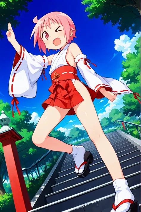 nonohara yuzuko, pink hair, short hair,(ahoge), pink eyes,bangs,((anime style)),score_9, score_8_up, score_7_up, source_anime,solo,1girl, ((miko)),  ((((mini slit red skirt)))),black okobo,tabi,((Obi)) ,((Obi knot)), (flat chest) , ((side boob)) , (No pant...