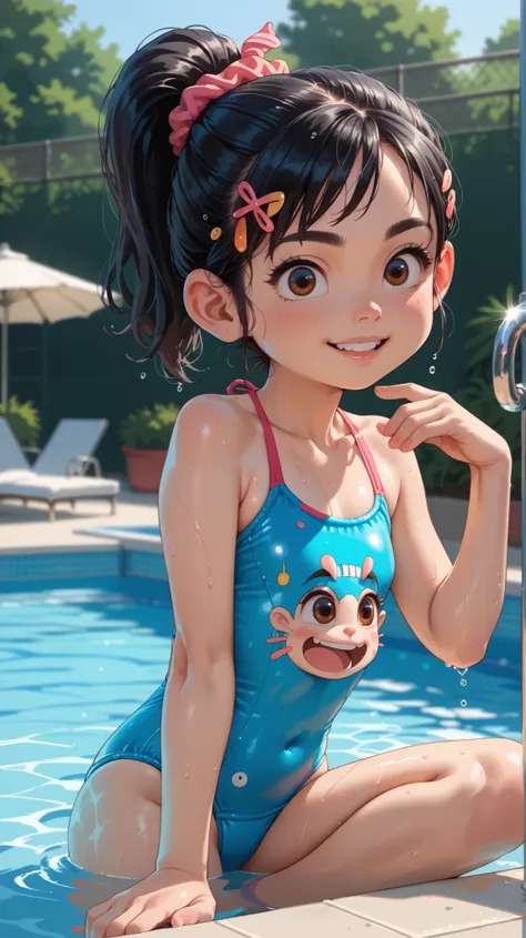 1 girl, VanellopevonS, 1girl, anime style, solo, black hair, hair ornament, hair scrunchie, swimsuit, small girl, cute, solo, bathing, hotel pool, miami, sfw