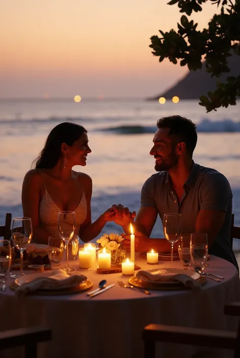 Prompt: Romantic couple having candlelit dinner on a beachside at sunset, table decorated with flowers, soft lighting, ocean waves nearby, couple smiling and holding hands, dreamy romantic mood, cinematic lighting, dramatic atmosphere, intricate details, p...