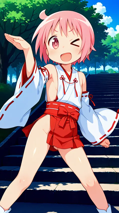 nonohara yuzuko, pink hair, short hair,(ahoge), pink eyes,bangs,((anime style)),score_9, score_8_up, score_7_up, source_anime,solo,1girl, ((miko)),  ((((mini slit red skirt)))),black okobo,tabi,((Obi)) ,((Obi knot)), (flat chest) , ((side boob)) , (No pant...