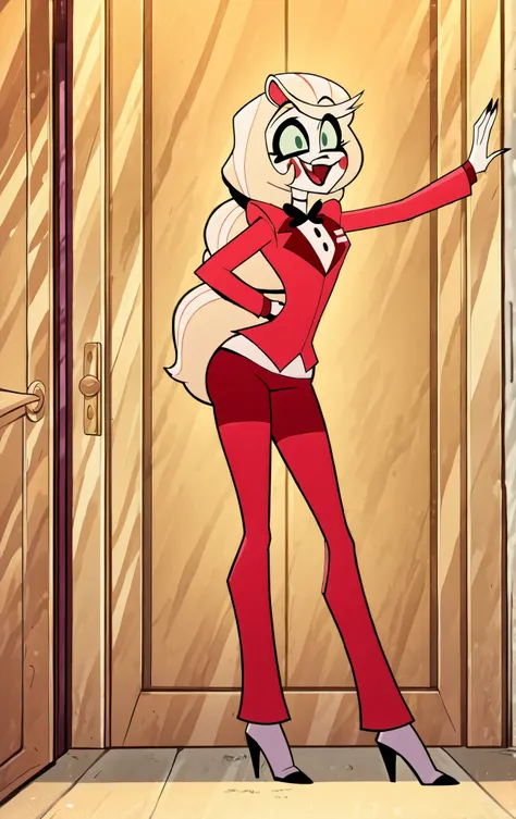 High qualitand, 1 girl, ((charlie morningstar)), big hips,and . Su atuendo incluande una camiseta blanca ajustada extendida sobre, una falda roja muand corta , and pequeñas manchas negras, a black belt with a prominent gold buckle, and medias brillantes de...