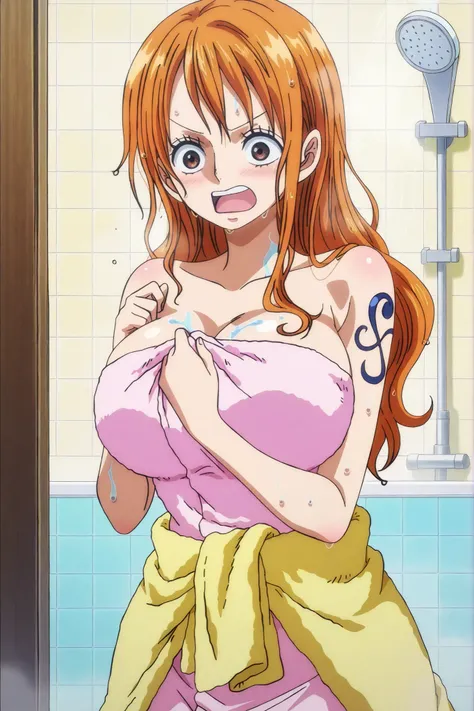 nami, orange hair, long hair, anime screenshot,

masterpiece,top quality,{{detailed and beautiful face and eyes}}, highly detailed background,anime, 
,big breasts,
anime style (2.0), surprised and embarrassed expression, wet hair, towel wrapped around wais...