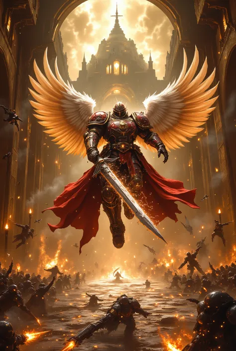 Epic battle scene unfolds inside a vast, cathedral-like gothic hall, drenched in dim golden light streaming through towering stained-glass windows and flickering chandeliers above. At the center, a superhuman power-armored tall figure warrior with angelic ...