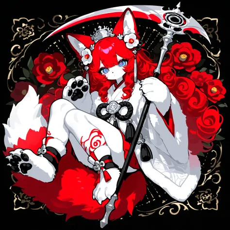 (Canine paws,xxx667_illu, paws pads, metacarpal paws pads,claws, detailed paws, [color] paws,)The kitsune girl, the red-haired fiery fox.  She has peach-white skin, Asian features, and slanted, half-lidded blue eyes. She has an oriental make-up, her eyes a...