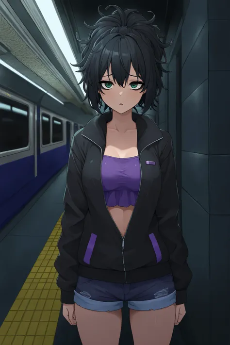 masterpiece, better quality, ultra detailed, 1girl solo, black hair, medium breasts, short hair, ponytail, messy hair, dark circles, tired expression, Green eyes, black eyeliner , black open sports jacket, (purple mini top ) denim shorts. Background at a ...