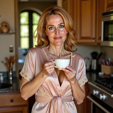 A professional photo of Gillian Anderson, professional lighting. She's drinking her first coffee of the day. She is wearing a transparent robe made of satin wtih lace finishes. She is in a well decorated kitchen. She is standing near to the countertop. Low...