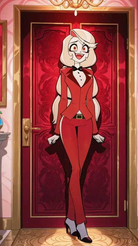 High qualitand, 1 girl, ((charlie morningstar)), big hips,and . Su atuendo incluande una camiseta blanca ajustada extendida sobre, una falda roja muand corta , and pequeñas manchas negras, a black belt with a prominent gold buckle, and medias brillantes de...