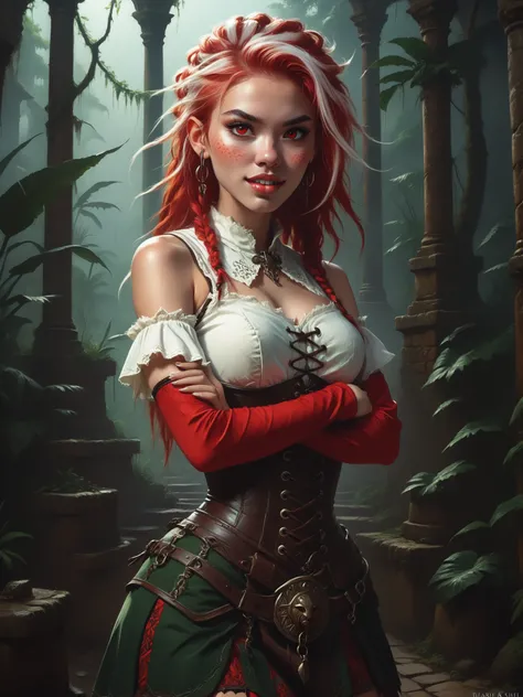 Friendly. Slender body. Lean body-type. Marble-White skin. Cute 18-year-old Aztec and Indonesian girl with Asian red eyes and unnaturally sharp teeth and dreadlocks (white and red hair). Intense red eyes. Sharp and shark-like teeth. She has a cute and beau...