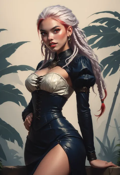 Slender body. Lean body-type. Marble-White skin. Fair skin. Cute 18-year-old Aztec and Indonesian girl with Asian red eyes and unnaturally sharp teeth and dreadlocks (bi-coloured hair: white and red hair). Intense red eyes. Sharp and shark-like teeth. She ...