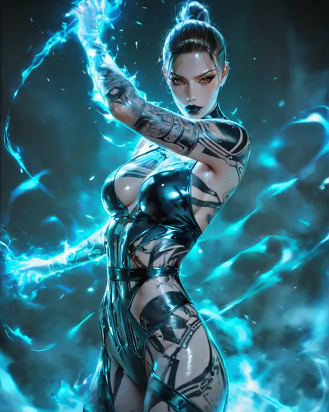 Photograph, photorealistic, 1woman, solo, medium breasts, cowboy shot, dynamic pose, jackme3xl, black lips, tattoo, short hair, ponytail ,ear piercing, brown eyes, standing, looking at viewer, skimpy wrappings,blue energy,blue aura, <lora:JackME3-147:0.8>,...