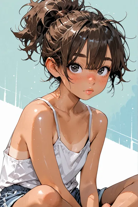 1girl,Super Detailed,absolute resolution,(dynamic angles),(tanned skin:0.5),(tanlines:0.3),(portrait),(pinup),from side, Beside viewer, 
sitting,[[crossed ankles]],
white Spaghetti Strap Camisole,(untucked camisole),skyblue board shorts,barefoot,
detailed ...