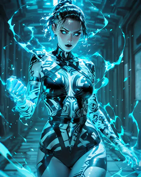 Photograph, photorealistic, 1woman, solo, medium breasts, cowboy shot, dynamic pose, jackme3xl, black lips, tattoo, short hair, ponytail ,ear piercing, glowing blue eyes, standing, looking at viewer, skimpy wrappings, blue energy, blue aura, <lora:JackME3-...
