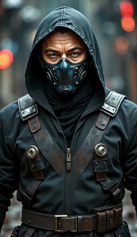 Leonardo DiCaprio Smoke from Mortal Kombat realistic version focusing on the face
Man in dark tactical clothing, composed of leather and reinforced fabrics in shades of gray and black. The technological face mask covers the mouth and nose, with metallic d...