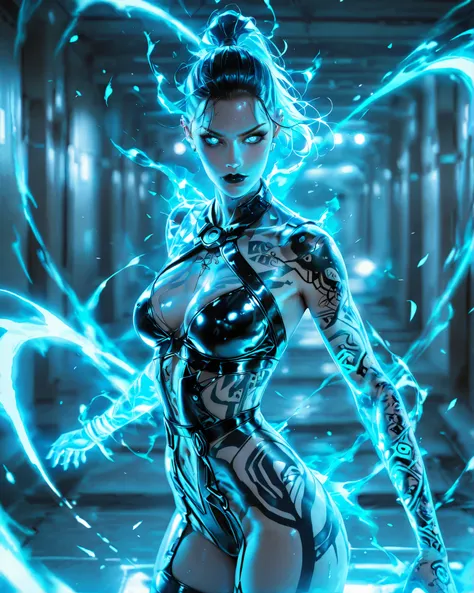 Photograph, photorealistic, 1woman, solo, medium breasts, cowboy shot, dynamic pose, jackme3xl, black lips, tattoo, short hair, ponytail ,ear piercing, glowing blue eyes, standing, looking at viewer, skimpy wrappings, skimpy harness, blue energy, blue aura...