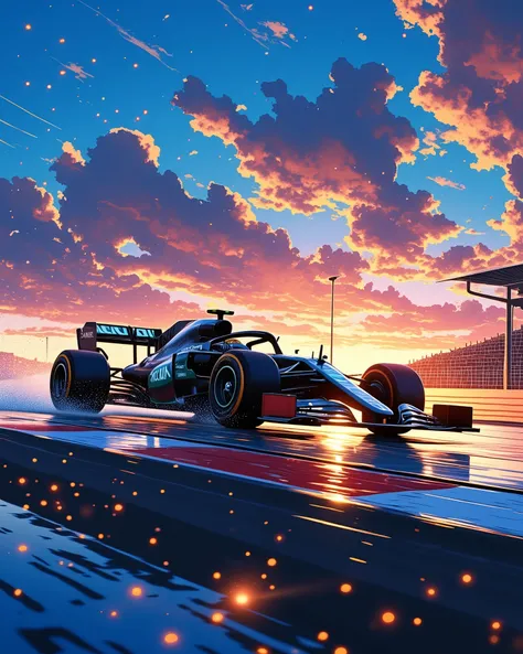 F1 car attacking apex at sunset, sparks flying from undertray, tire marbles visible, motion-frozen rain droplets, dramatic clouds, lens flare through safety fence, perfect racing line, professional racing photography, track lighting creating light trails, ...