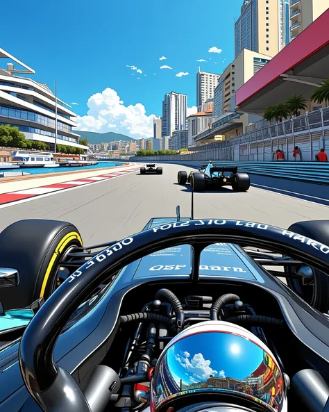 Professional action capture, Mercedes F1 car at Monaco hairpin, extreme close-up of suspension compression, tire walls flexing under G-force, helmet visor reflection showing rival cars, yacht harbor backdrop, camera tracking shot, pit crew ready in backgro...