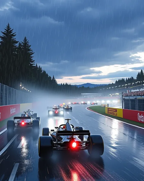 Cinematic racing scene, multiple F1 cars battling through Spa's Eau Rouge, rain mist creating dramatic effect, rooster tails of spray, LED lights piercing through water clouds, intense focus on leading car, dynamic composition, motion blur on barriers, dra...