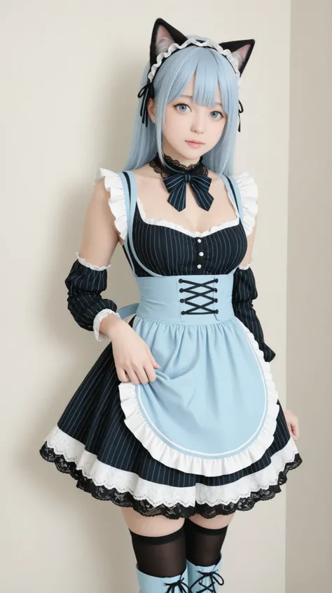 attractive poses, Exquisitely Designed Outfits, modestly gold on a two-color block of light blue and white dirndl DECORATION , black lace collar and puffed sleeves with multiple layers , Pastel Gothic Style Apron with Lace and Ruffles on Light Blue and W...