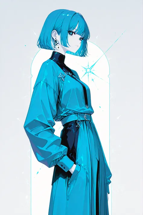 青

a mysterious figure in a slim blue suit, entire design strictly using blue and white only — pale white skin, short swept-back blue hair with white streaks, sharp eyes with white irises, minimalistic background in white, standing still with one hand in p...