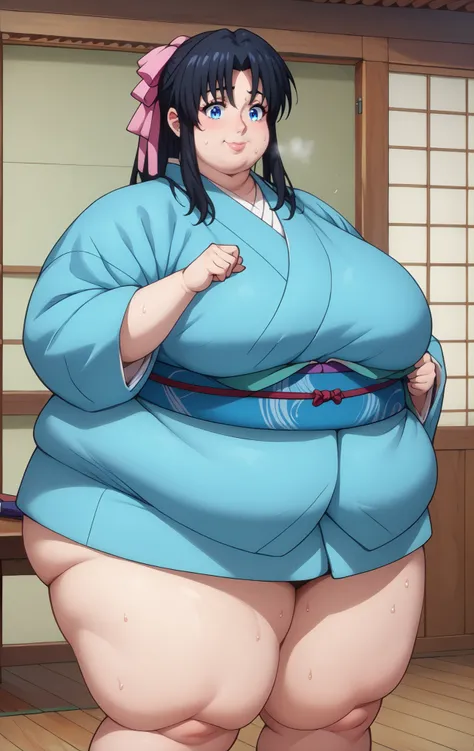 Kaoru Kamiya, Kaoru Kamiya, long hair、 pink barrette ribbon、bangs、blue eyes、Black Hair、 light blue kimono 、Navy blue Kimono obi , kimono,,gigantic breasts,enormous breasts,Sloppy belly fat,Japanese-style room, thighs, sweat, spread legs, huge breasts, thic...