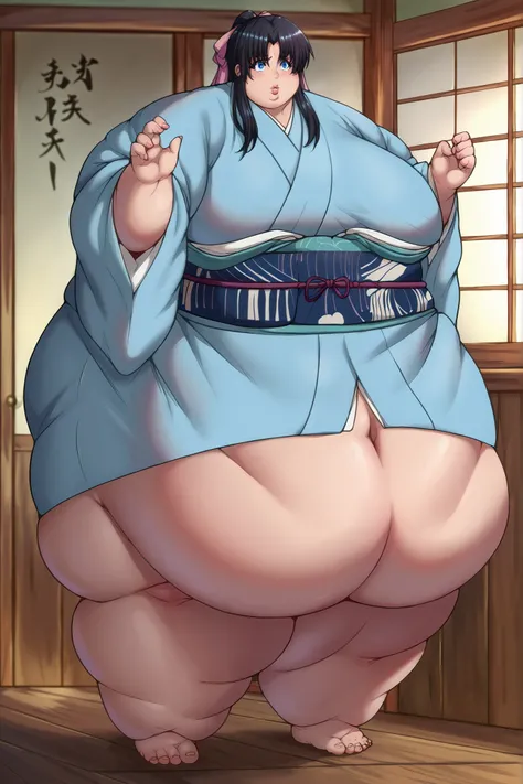 Kaoru Kamiya, Kaoru Kamiya, long hair、 pink barrette ribbon、bangs、blue eyes、Black Hair、 light blue kimono 、Navy blue Kimono obi , kimono,,gigantic breasts,enormous breasts,Sloppy belly fat,Japanese-style room, giant hands, giant feet, fat, chubby, obese, g...