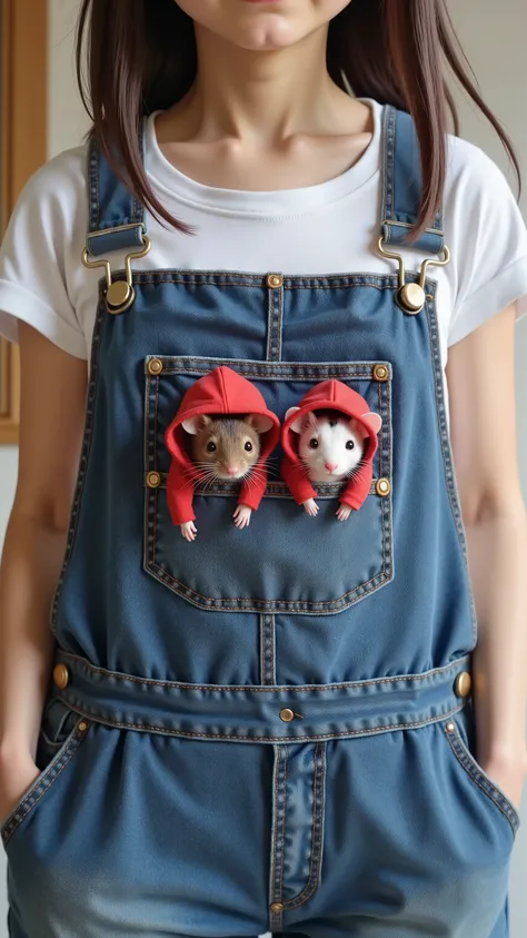 house mice in chest pockets of overalls worn by Japanese high school girls、Are house mice wearing red hoodies、Mouse zoom up、