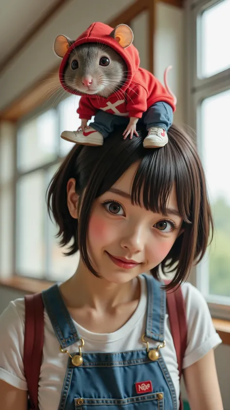 a house mouse standing on top of a Japanese high school girl wearing overalls、Is a house mouse a red hoodie、denim pants、wearing Nike sneakers、Mouse zoom up、