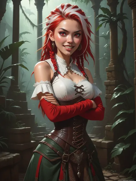 Friendly. Slender body. Lean body-type. Marble-White skin. Cute 18-year-old Aztec and Indonesian girl with Asian red eyes and unnaturally sharp teeth and dreadlocks (white and red hair). Intense red eyes. Sharp and shark-like teeth. She has a cute and beau...